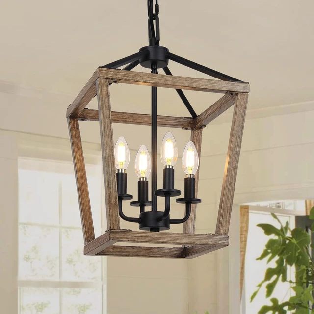 Main image of 4 Light Farmhouse Chandelier, Rustic Ceiling Light Lantern Light Fixture with Wood Painted Metal Cage and Adjustable Chain, E12 Base Geometric Hanging Light Fixture for Entryway, Kitchen, Indoor