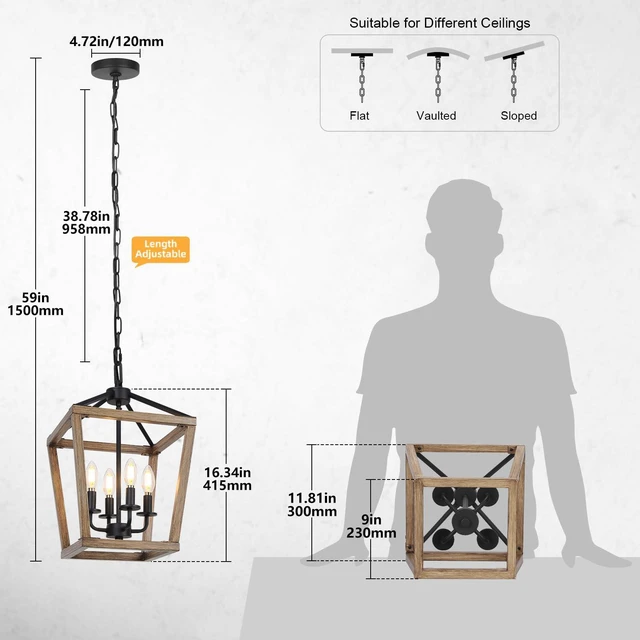 Alt view image 2 of 6 - 4 Light Farmhouse Chandelier, Rustic Ceiling Light Lantern Light Fixture with Wood Painted Metal Cage and Adjustable Chain, E12 Base Geometric Hanging Light Fixture for Entryway, Kitchen, Indoor