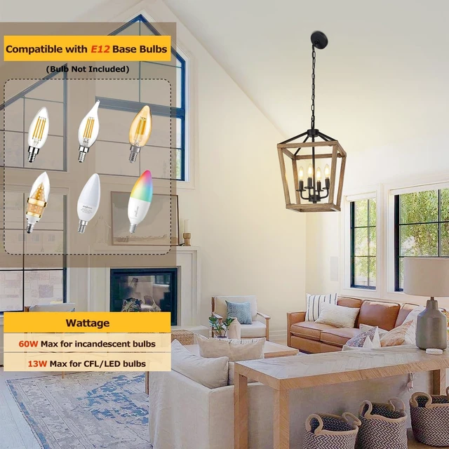 Alt view image 3 of 6 - 4 Light Farmhouse Chandelier, Rustic Ceiling Light Lantern Light Fixture with Wood Painted Metal Cage and Adjustable Chain, E12 Base Geometric Hanging Light Fixture for Entryway, Kitchen, Indoor