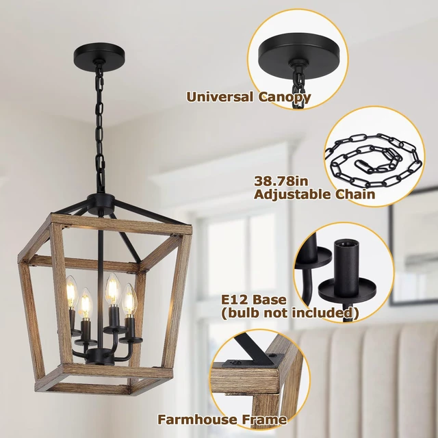 Alt view image 4 of 6 - 4 Light Farmhouse Chandelier, Rustic Ceiling Light Lantern Light Fixture with Wood Painted Metal Cage and Adjustable Chain, E12 Base Geometric Hanging Light Fixture for Entryway, Kitchen, Indoor