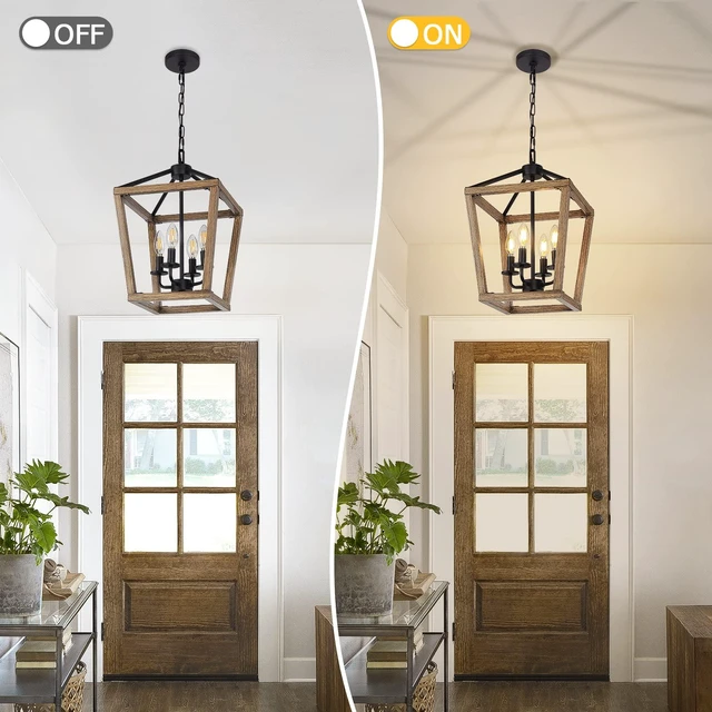 Alt view image 5 of 6 - 4 Light Farmhouse Chandelier, Rustic Ceiling Light Lantern Light Fixture with Wood Painted Metal Cage and Adjustable Chain, E12 Base Geometric Hanging Light Fixture for Entryway, Kitchen, Indoor