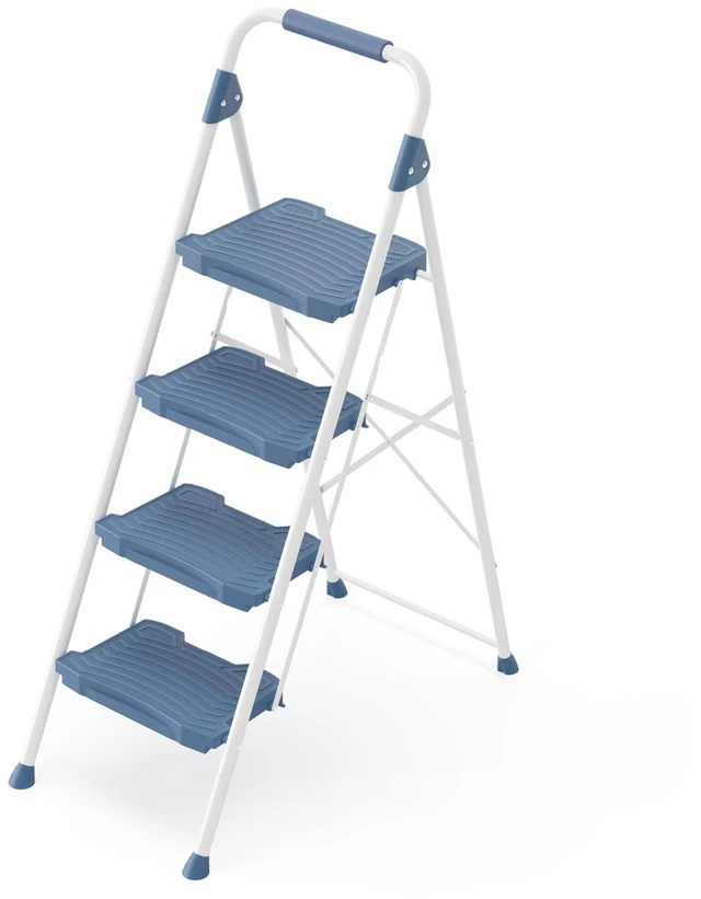 Alt view image 4 of 7 - 4 Step Ladder, Sturdy Step Stool with Handrail, Anti-Slip Wide Pedals, Foldable Step Stool for Home, Garage, Garden, Blue, Safety Locking, Pass 900LBS Testing