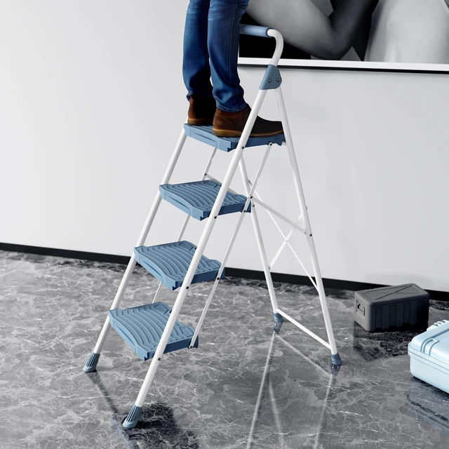 Alt view image 6 of 7 - 4 Step Ladder, Sturdy Step Stool with Handrail, Anti-Slip Wide Pedals, Foldable Step Stool for Home, Garage, Garden, Blue, Safety Locking, Pass 900LBS Testing