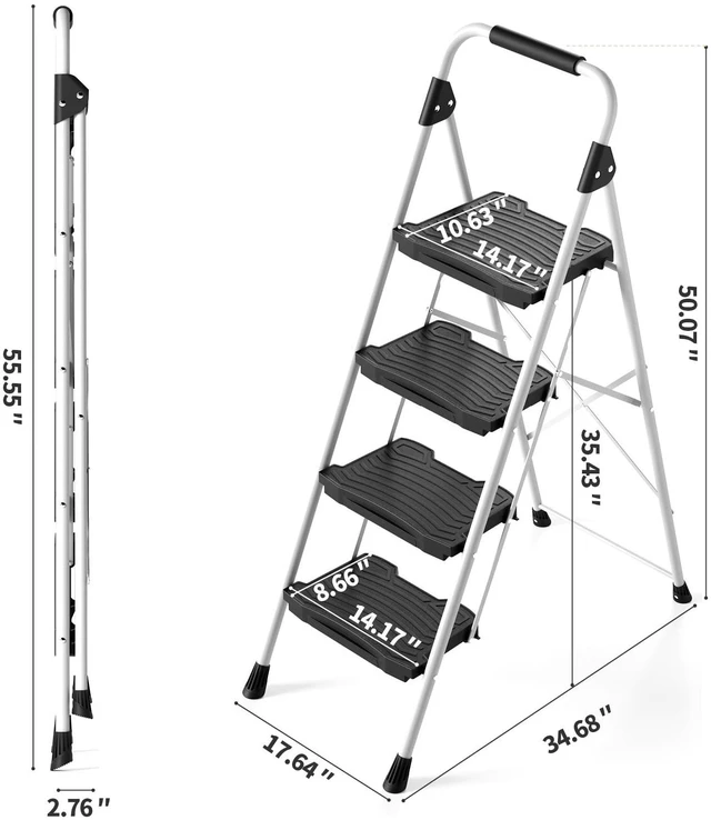 Alt view image 2 of 7 - 4 Step Folding Ladder, 900 lbs Load Capacity, Non-Skid Large Pedals, Handrail, Safety Lock, Sturdy Step Stool for Home, Office, Garden, Multi-Purpose, White