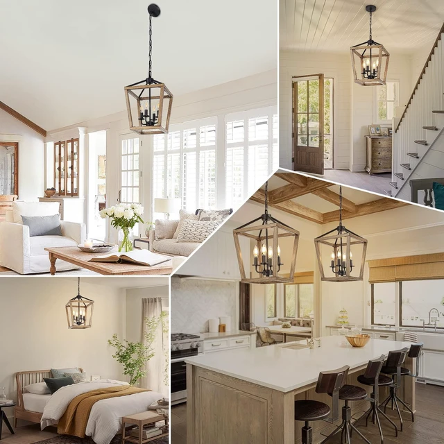Alt view image 6 of 6 - 4 Light Farmhouse Chandelier, Rustic Ceiling Light Lantern Light Fixture with Wood Painted Metal Cage and Adjustable Chain, E12 Base Geometric Hanging Light Fixture for Entryway, Kitchen, Indoor
