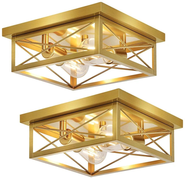 Main image of Gold Hallway Light Fixtures Ceiling, 2-Light Farmhouse Vintage Flush Mount Ceiling Lights, 2-Pack Brass Metal Kitchen Light Fixtures, Close to Ceiling Lights for Bedroom Living Room Entryway