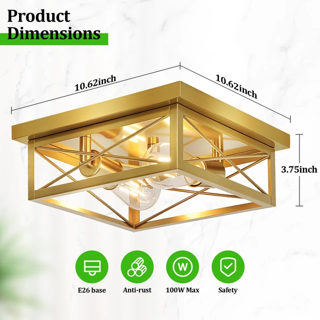 Alt view image 2 of 7 - Gold Hallway Light Fixtures Ceiling, 2-Light Farmhouse Vintage Flush Mount Ceiling Lights, 2-Pack Brass Metal Kitchen Light Fixtures, Close to Ceiling Lights for Bedroom Living Room Entryway