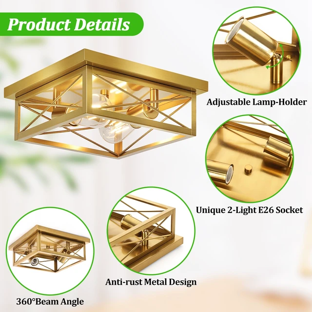 Alt view image 3 of 7 - Gold Hallway Light Fixtures Ceiling, 2-Light Farmhouse Vintage Flush Mount Ceiling Lights, 2-Pack Brass Metal Kitchen Light Fixtures, Close to Ceiling Lights for Bedroom Living Room Entryway