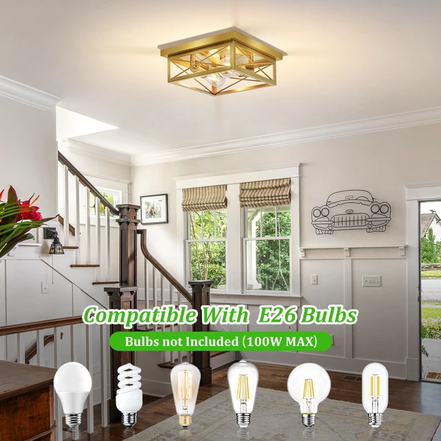 Alt view image 5 of 7 - Gold Hallway Light Fixtures Ceiling, 2-Light Farmhouse Vintage Flush Mount Ceiling Lights, 2-Pack Brass Metal Kitchen Light Fixtures, Close to Ceiling Lights for Bedroom Living Room Entryway