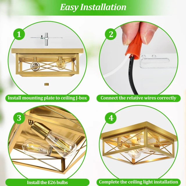 Alt view image 6 of 7 - Gold Hallway Light Fixtures Ceiling, 2-Light Farmhouse Vintage Flush Mount Ceiling Lights, 2-Pack Brass Metal Kitchen Light Fixtures, Close to Ceiling Lights for Bedroom Living Room Entryway