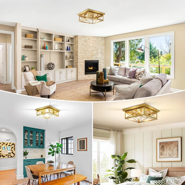 Alt view image 7 of 7 - Gold Hallway Light Fixtures Ceiling, 2-Light Farmhouse Vintage Flush Mount Ceiling Lights, 2-Pack Brass Metal Kitchen Light Fixtures, Close to Ceiling Lights for Bedroom Living Room Entryway
