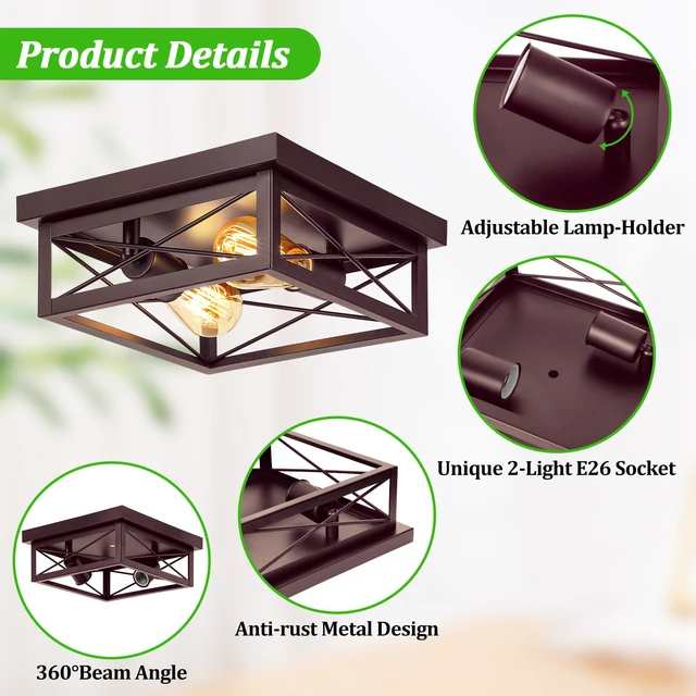 Alt view image 2 of 7 - Brown Hallway Light Fixtures Ceiling, 2-Light Farmhouse Industrial Flush Mount Ceiling Lights, 2-Pack Modern Metal Kitchen Light Fixtures, Close to Ceiling Lights for Bedroom Living Room Entryway