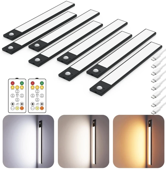 Main image of 12" Under Cabinet Lighting Wireless, Remote, Motion Sensor, 8Pack, Black 0.33" Ultra-thin Aluminum Alloy Body, USB-C Rechargeable, 3-Color-Temp, Dimming, Magnetic, 30Day Runtime for Kitchen Closet