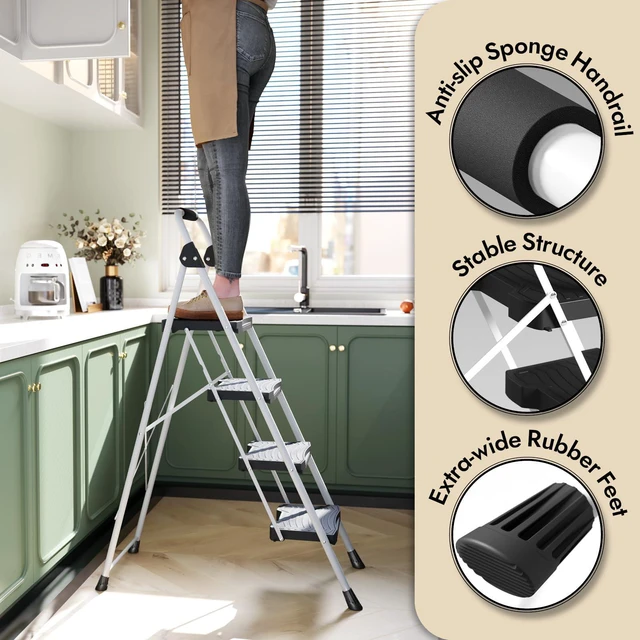 Alt view image 6 of 7 - 4 Step Folding Ladder, 900 lbs Load Capacity, Non-Skid Large Pedals, Handrail, Safety Lock, Sturdy Step Stool for Home, Office, Garden, Multi-Purpose, White
