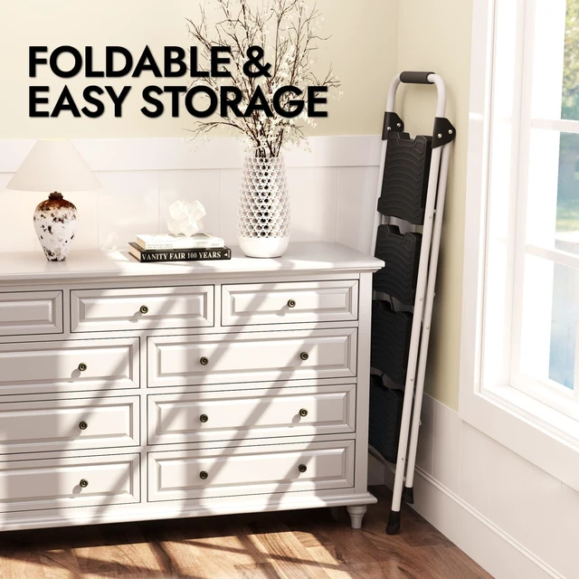 Alt view image 7 of 7 - 4 Step Folding Ladder, 900 lbs Load Capacity, Non-Skid Large Pedals, Handrail, Safety Lock, Sturdy Step Stool for Home, Office, Garden, Multi-Purpose, White
