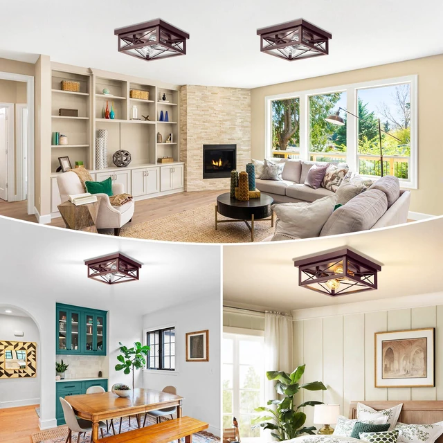 Alt view image 3 of 7 - Brown Hallway Light Fixtures Ceiling, 2-Light Farmhouse Industrial Flush Mount Ceiling Lights, 2-Pack Modern Metal Kitchen Light Fixtures, Close to Ceiling Lights for Bedroom Living Room Entryway