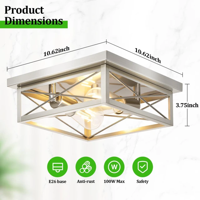 Alt view image 2 of 7 - Brushed Nickle Hallway Light Fixtures, 2-Light Modern Farmhouse Flush Mount Ceiling Lights, 2-Pack Chrome Kitchen Light Fixtures, Square Close to Ceiling Lights for Bedroom Living Room Entryway