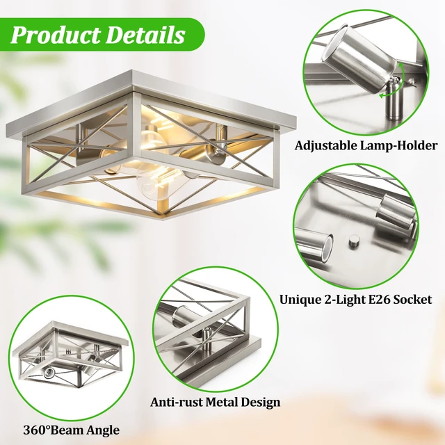 Alt view image 3 of 7 - Brushed Nickle Hallway Light Fixtures, 2-Light Modern Farmhouse Flush Mount Ceiling Lights, 2-Pack Chrome Kitchen Light Fixtures, Square Close to Ceiling Lights for Bedroom Living Room Entryway