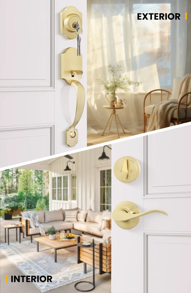 Alt view image 2 of 7 - Front Door Handle and Deadbolt Set, Gold Front Door Lock Set with Reversible Handle Lever, Classic Brass Front Door Hardware, Front Door Handles and Locks