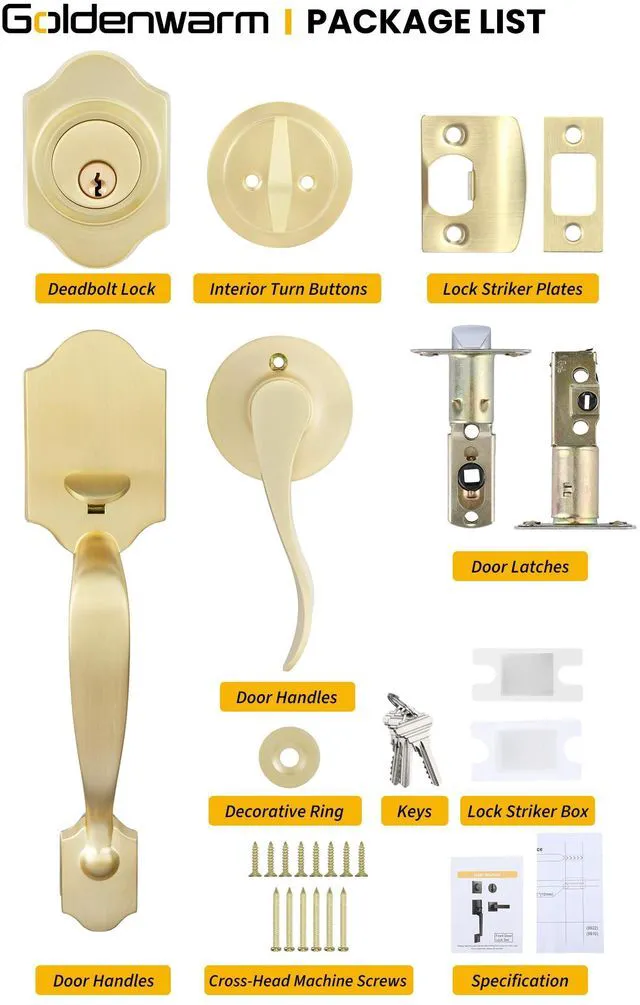 Alt view image 6 of 7 - Front Door Handle and Deadbolt Set, Gold Front Door Lock Set with Reversible Handle Lever, Classic Brass Front Door Hardware, Front Door Handles and Locks