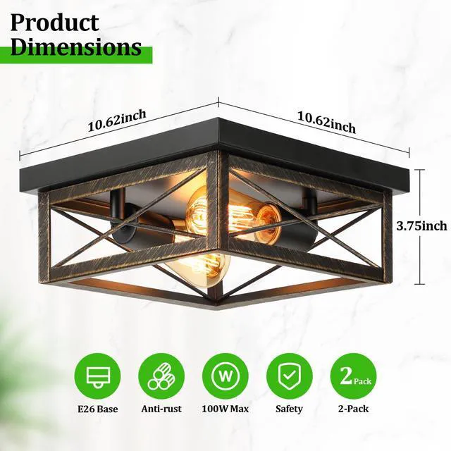 Alt view image 2 of 7 - 2-Light Farmhouse Industrial Flush Mount Ceiling Lights, Oil Rubbed Bronze Premium Metal, Kitchen Light Fixtures, Close to Ceiling Lights for Bedroom Living Room Hallway Entryway, 2-Pack