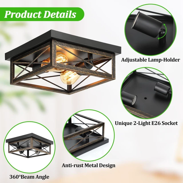 Alt view image 3 of 7 - 2-Light Farmhouse Industrial Flush Mount Ceiling Lights, Oil Rubbed Bronze Premium Metal, Kitchen Light Fixtures, Close to Ceiling Lights for Bedroom Living Room Hallway Entryway, 2-Pack
