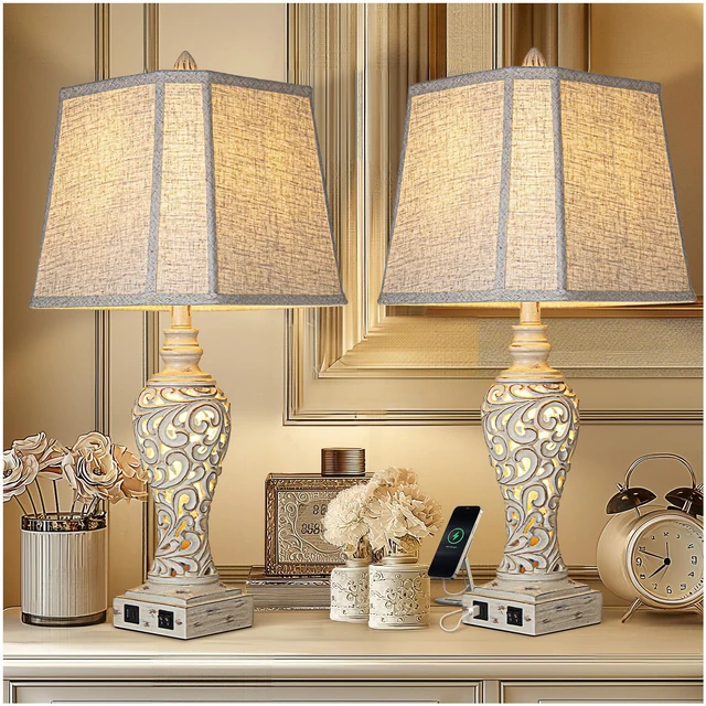 Main image of 28.5" Table Lamps Set of 2 with Nightlight for Bedroom USB C+A Charging Ports, Hollow Carving Design, Linen Fabric Shades, Rustic Vintage Bedside Lamps for Living Room Nightstand