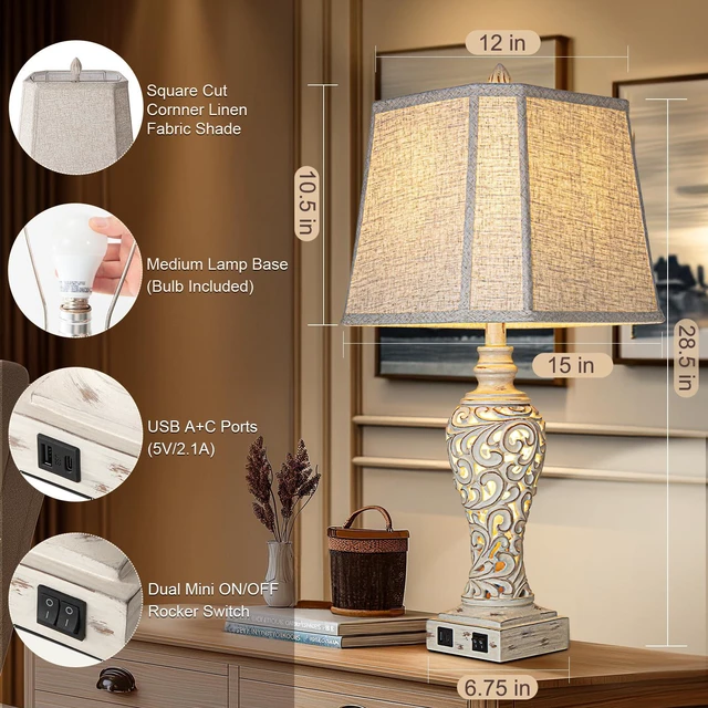 Alt view image 2 of 7 - 28.5" Table Lamps Set of 2 with Nightlight for Bedroom USB C+A Charging Ports, Hollow Carving Design, Linen Fabric Shades, Rustic Vintage Bedside Lamps for Living Room Nightstand