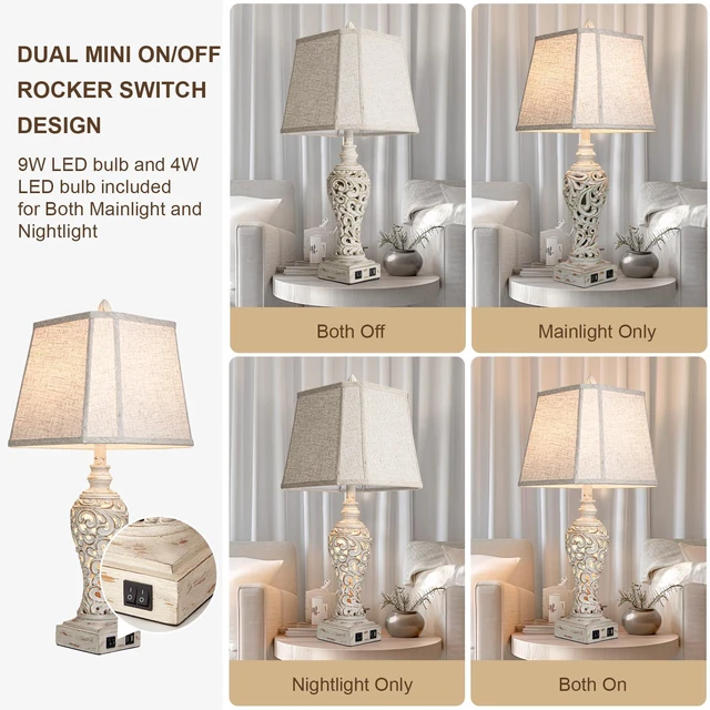 Alt view image 3 of 7 - 28.5" Table Lamps Set of 2 with Nightlight for Bedroom USB C+A Charging Ports, Hollow Carving Design, Linen Fabric Shades, Rustic Vintage Bedside Lamps for Living Room Nightstand