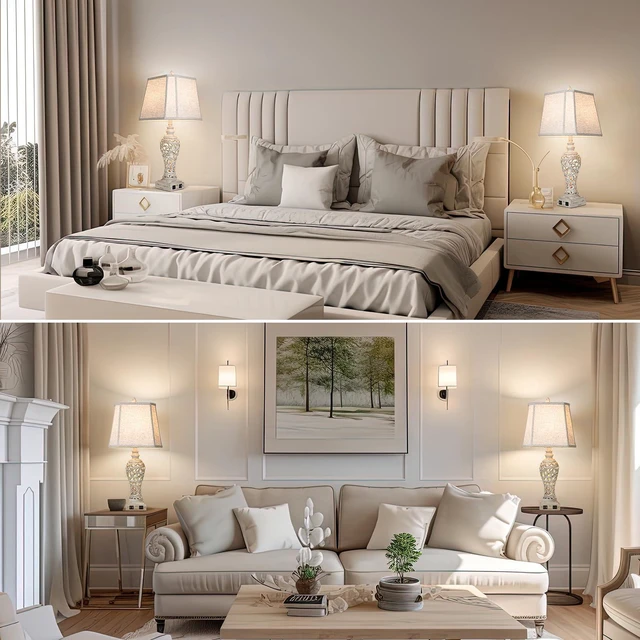 Alt view image 4 of 7 - 28.5" Table Lamps Set of 2 with Nightlight for Bedroom USB C+A Charging Ports, Hollow Carving Design, Linen Fabric Shades, Rustic Vintage Bedside Lamps for Living Room Nightstand