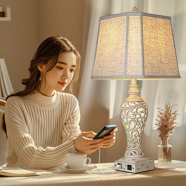 Alt view image 5 of 7 - 28.5" Table Lamps Set of 2 with Nightlight for Bedroom USB C+A Charging Ports, Hollow Carving Design, Linen Fabric Shades, Rustic Vintage Bedside Lamps for Living Room Nightstand