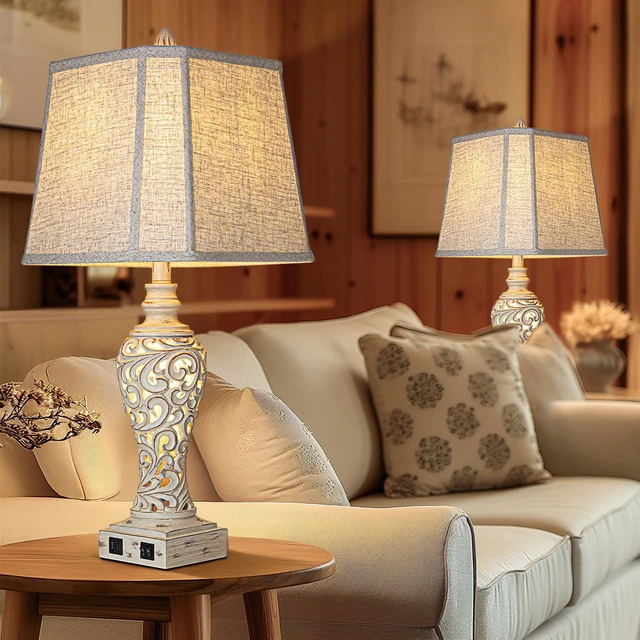 Alt view image 6 of 7 - 28.5" Table Lamps Set of 2 with Nightlight for Bedroom USB C+A Charging Ports, Hollow Carving Design, Linen Fabric Shades, Rustic Vintage Bedside Lamps for Living Room Nightstand