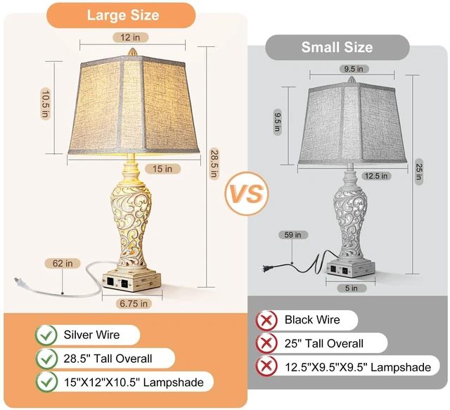 Alt view image 7 of 7 - 28.5" Table Lamps Set of 2 with Nightlight for Bedroom USB C+A Charging Ports, Hollow Carving Design, Linen Fabric Shades, Rustic Vintage Bedside Lamps for Living Room Nightstand