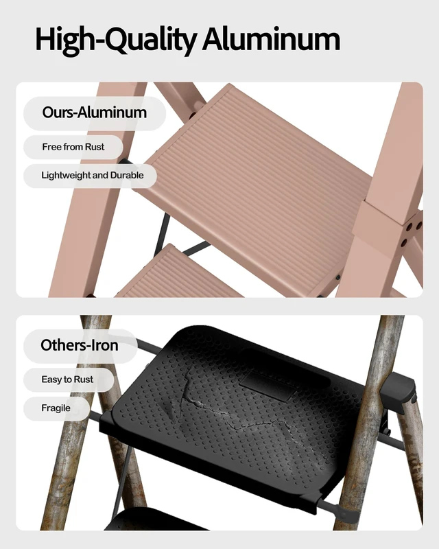 Alt view image 2 of 7 - 3 Step Ladder,Aluminum Step Stool Foldable-Peach Pink Folding Ladder with Handgrip,Wide Top Pedal,330lbs Capacity for Home,Office,Kitchen