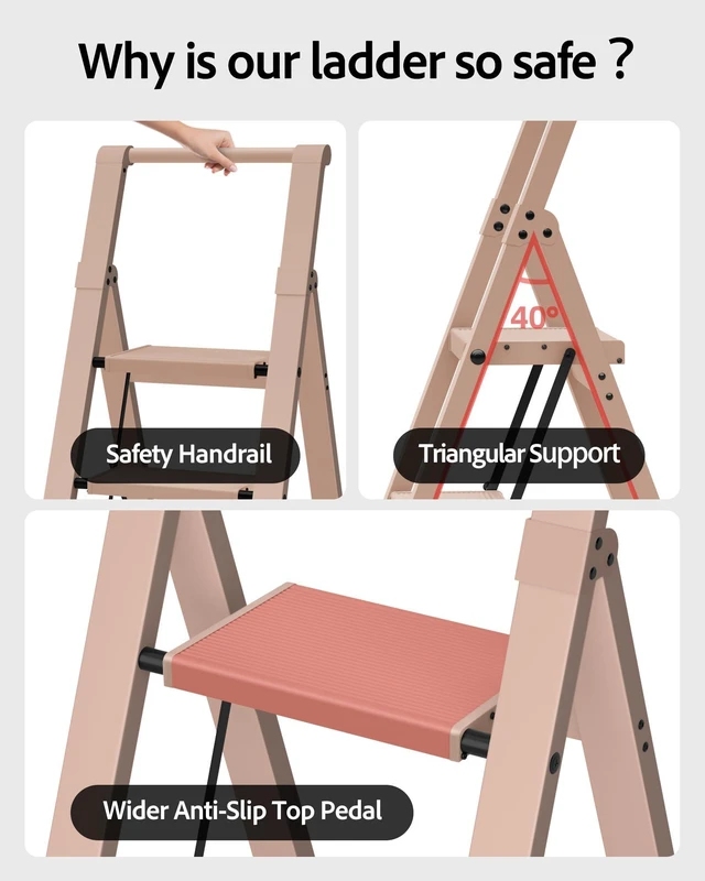Alt view image 3 of 7 - 4 Step Ladder,Aluminum Step Stool Foldable-Peach Pink Lightweight Folding Ladder with Convenient Handgrip,Wide Top Pedal,330lbs Capacity Stepladder for Home,Office,Kitchen