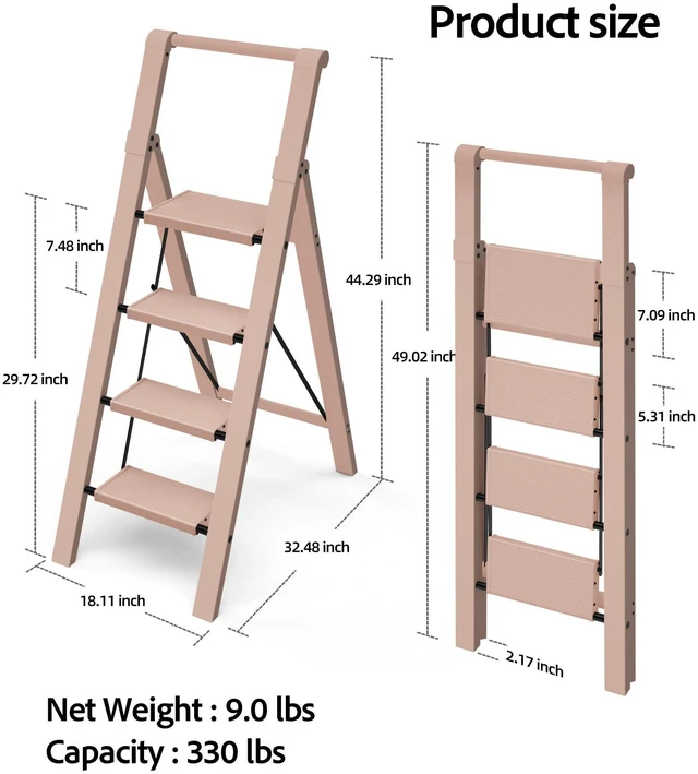 Alt view image 6 of 7 - 4 Step Ladder,Aluminum Step Stool Foldable-Peach Pink Lightweight Folding Ladder with Convenient Handgrip,Wide Top Pedal,330lbs Capacity Stepladder for Home,Office,Kitchen