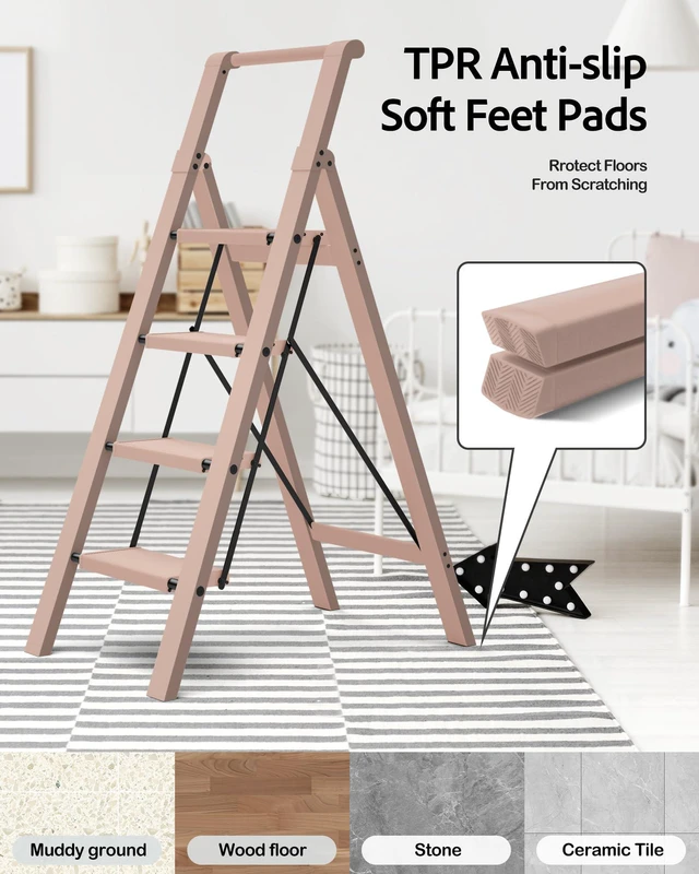 Alt view image 7 of 7 - 4 Step Ladder,Aluminum Step Stool Foldable-Peach Pink Lightweight Folding Ladder with Convenient Handgrip,Wide Top Pedal,330lbs Capacity Stepladder for Home,Office,Kitchen