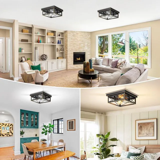 Alt view image 2 of 7 - Brushed Gold Hallway Light Fixtures Ceiling, 2-Light Farmhouse Industrial Flush Mount Ceiling Lights, 2-Pack Metal Kitchen Light Fixtures, Close to Ceiling Lights for Bedroom Living Room Entryway