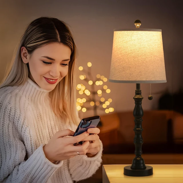 Alt view image 3 of 7 - Lamps Set of 2 Modern Farmhouse Table Lamp Bedside Reading Lamps Living Room End Tables Set Lamps for Night Stands Bedroom Night Lamp,High 26.25 Inch,Black,With Fabric Lamp Shade,Bulb Not Included