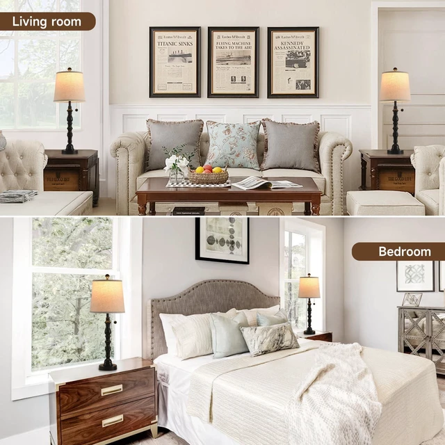 Alt view image 4 of 7 - Lamps Set of 2 Modern Farmhouse Table Lamp Bedside Reading Lamps Living Room End Tables Set Lamps for Night Stands Bedroom Night Lamp,High 26.25 Inch,Black,With Fabric Lamp Shade,Bulb Not Included