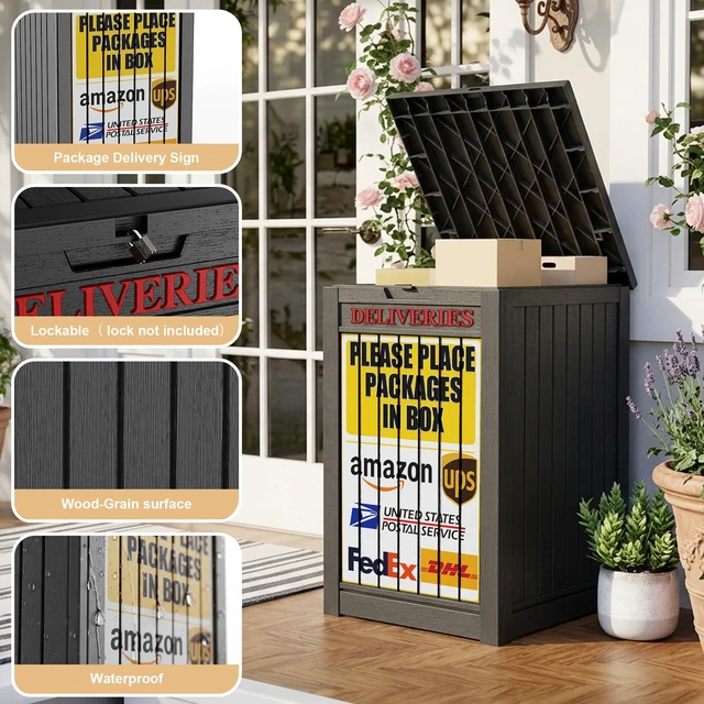 Alt view image 3 of 7 - Package Delivery Box,Outdoor Container Lockable, Black+Sign Waterproof 60 Gallon with Lockable Secure,Outdoor Package Drop Container Waterproof for Porch Patio and Curbside