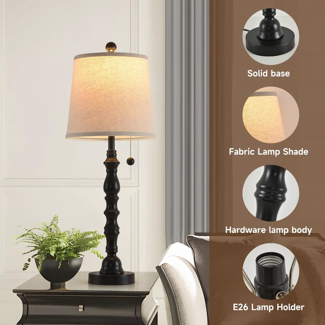 Alt view image 5 of 7 - Lamps Set of 2 Modern Farmhouse Table Lamp Bedside Reading Lamps Living Room End Tables Set Lamps for Night Stands Bedroom Night Lamp,High 26.25 Inch,Black,With Fabric Lamp Shade,Bulb Not Included