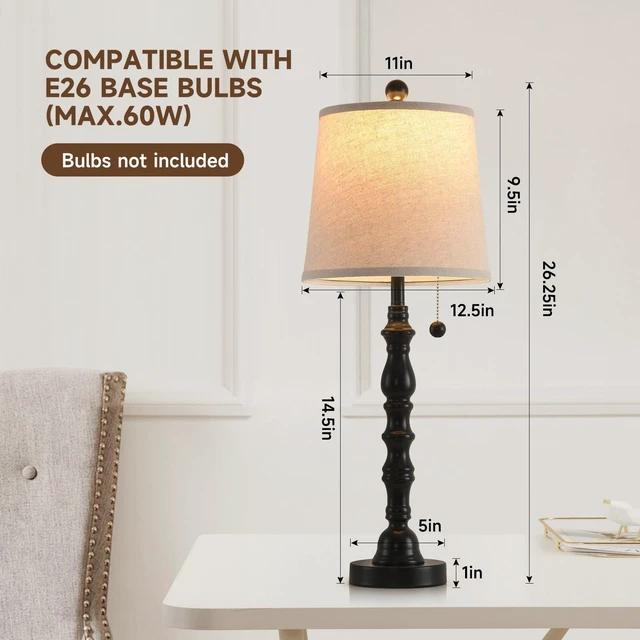 Alt view image 7 of 7 - Lamps Set of 2 Modern Farmhouse Table Lamp Bedside Reading Lamps Living Room End Tables Set Lamps for Night Stands Bedroom Night Lamp,High 26.25 Inch,Black,With Fabric Lamp Shade,Bulb Not Included