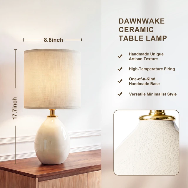 Alt view image 2 of 7 - 17.7" Ceramic Table Lamps Set of 2 for Living Room Bedroom, Cream Small Bedside Lamps for Bedroom Nightstand, Glossy Crackle Base Home Bedroom Decor, Linen Fabric Shade, 3-Color Temperatures