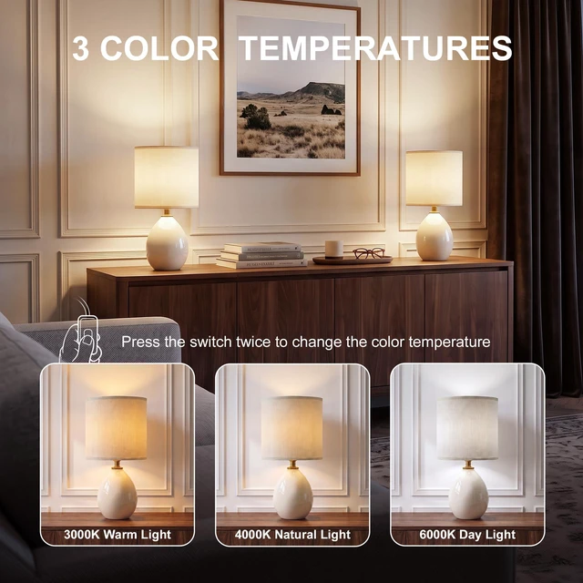 Alt view image 3 of 7 - 17.7" Ceramic Table Lamps Set of 2 for Living Room Bedroom, Cream Small Bedside Lamps for Bedroom Nightstand, Glossy Crackle Base Home Bedroom Decor, Linen Fabric Shade, 3-Color Temperatures