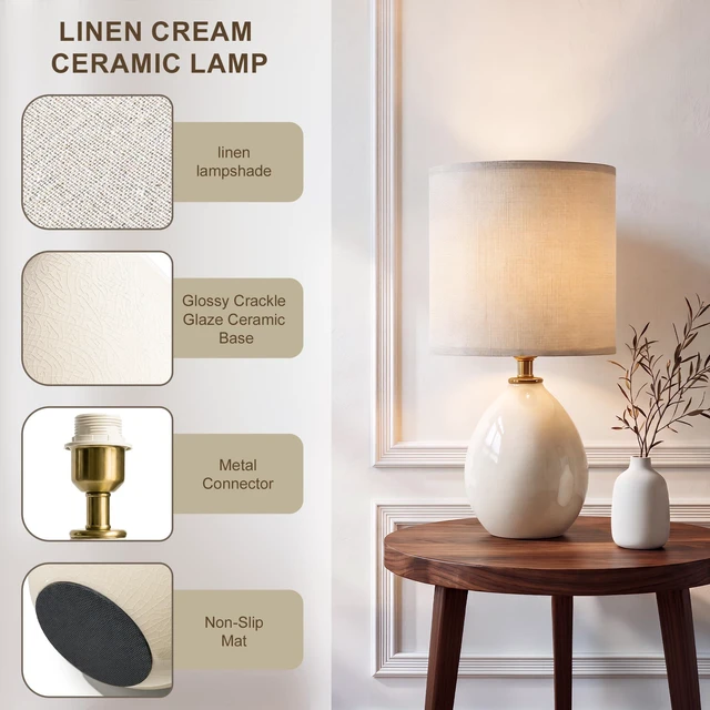 Alt view image 5 of 7 - 17.7" Ceramic Table Lamps Set of 2 for Living Room Bedroom, Cream Small Bedside Lamps for Bedroom Nightstand, Glossy Crackle Base Home Bedroom Decor, Linen Fabric Shade, 3-Color Temperatures