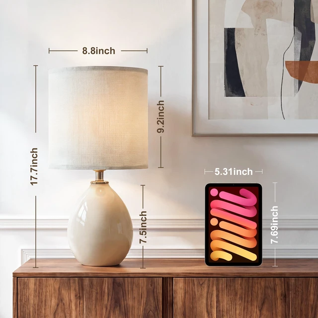 Alt view image 6 of 7 - 17.7" Ceramic Table Lamps Set of 2 for Living Room Bedroom, Cream Small Bedside Lamps for Bedroom Nightstand, Glossy Crackle Base Home Bedroom Decor, Linen Fabric Shade, 3-Color Temperatures