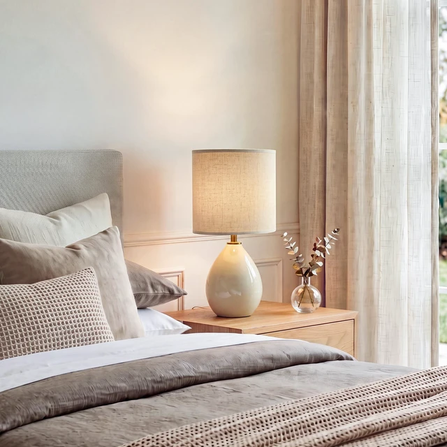 Alt view image 7 of 7 - 17.7" Ceramic Table Lamps Set of 2 for Living Room Bedroom, Cream Small Bedside Lamps for Bedroom Nightstand, Glossy Crackle Base Home Bedroom Decor, Linen Fabric Shade, 3-Color Temperatures