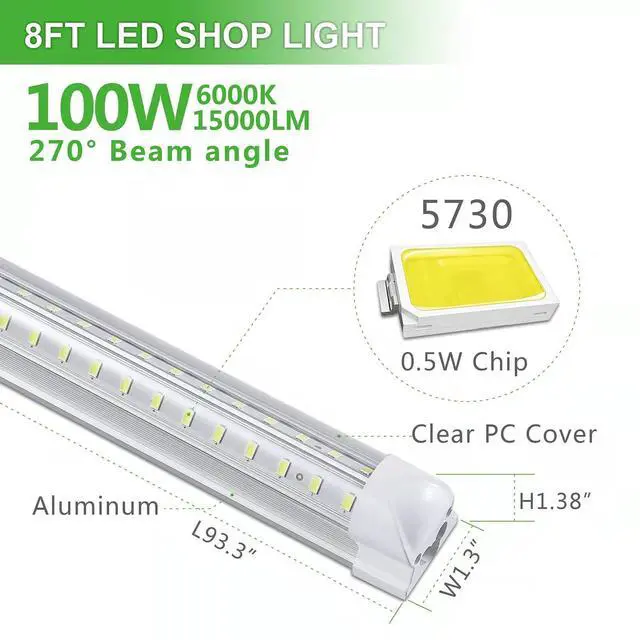 Alt view image 2 of 6 - 2Pack 8FT LED Shop Light Garage Lights,100W 6000K 15000LM White Light,Hanging/Surface Mount,Plug and Play,Super Bright T8 Tube Light,Linkable LED Shop Lights for Warehouse Workshop Basement