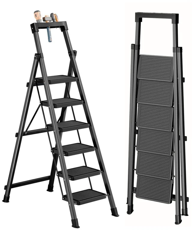 Main image of 6 Step Ladder with Platform,Heavy Duty Folding Step Stool No Assembly Protable Step Ladders with Anti-Slip Widen Pedals,Tool Tray,Safe-Lock Design,Tall Kitchen/Closet Step Ladder for Adults